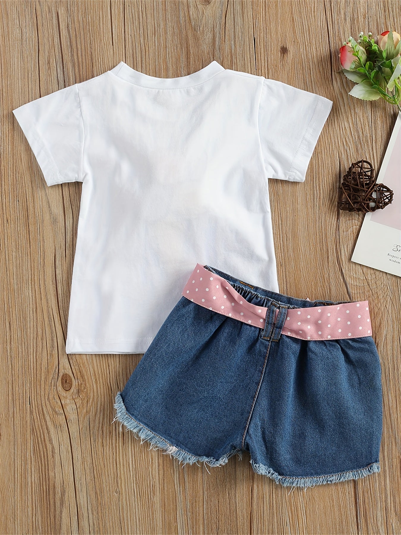 2pcs Cute Pom Pom Denim Shorts Set, Girls' Ince Cream Decor T-shirt & Outdoor Clothes