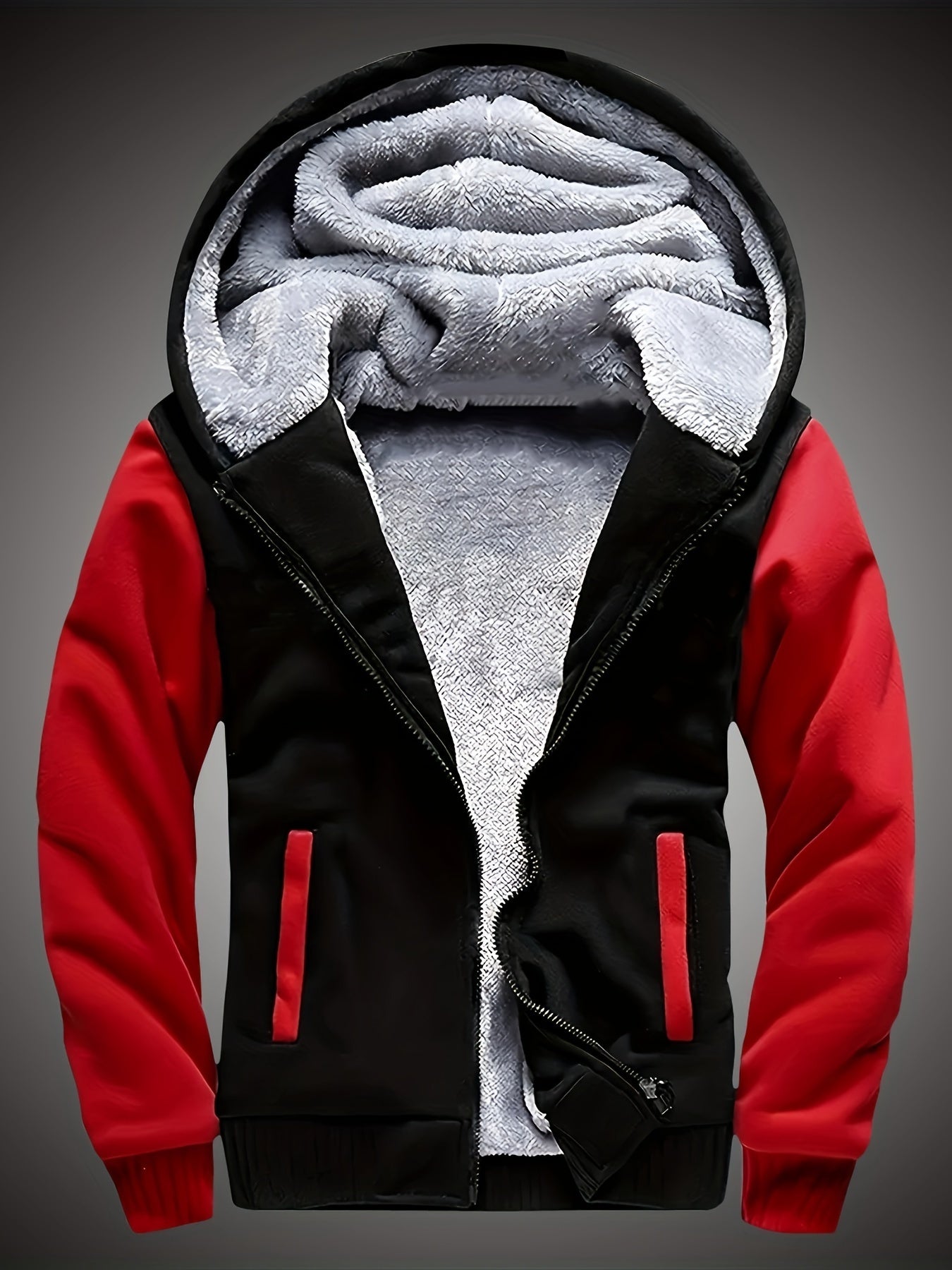 Boys Thick Fleece Lining Jacket, Warm Zip Up Hooded Coat, Casual Color Clash Zipper Hoodie