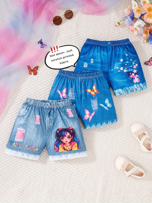 3pcs Girls’ Cartoon & Butterflies Print Shorts – Color Block Design, Regular Fit, Machine Washable