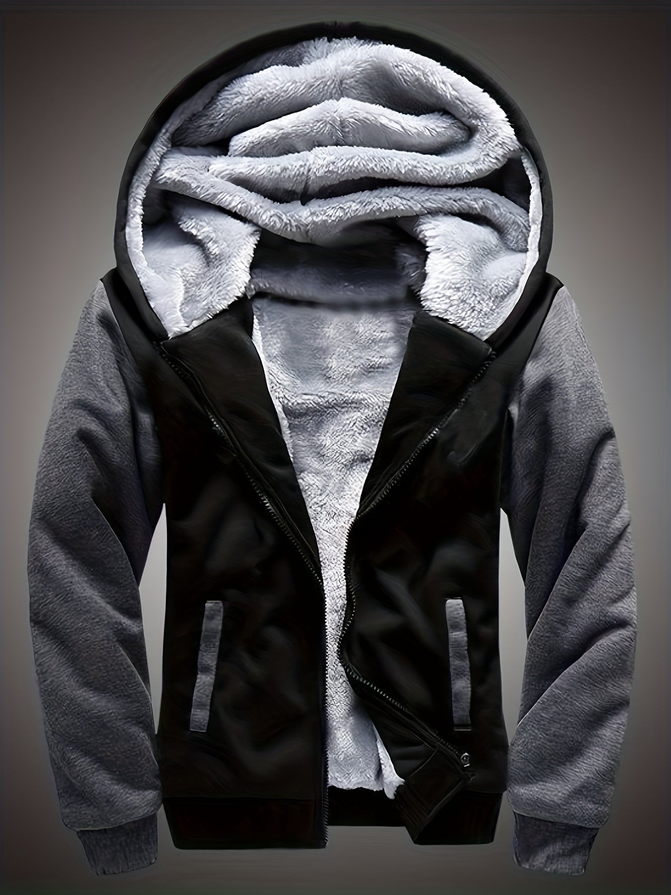 Boys Thick Fleece Lining Jacket, Warm Zip Up Hooded Coat, Casual Color Clash Zipper Hoodie