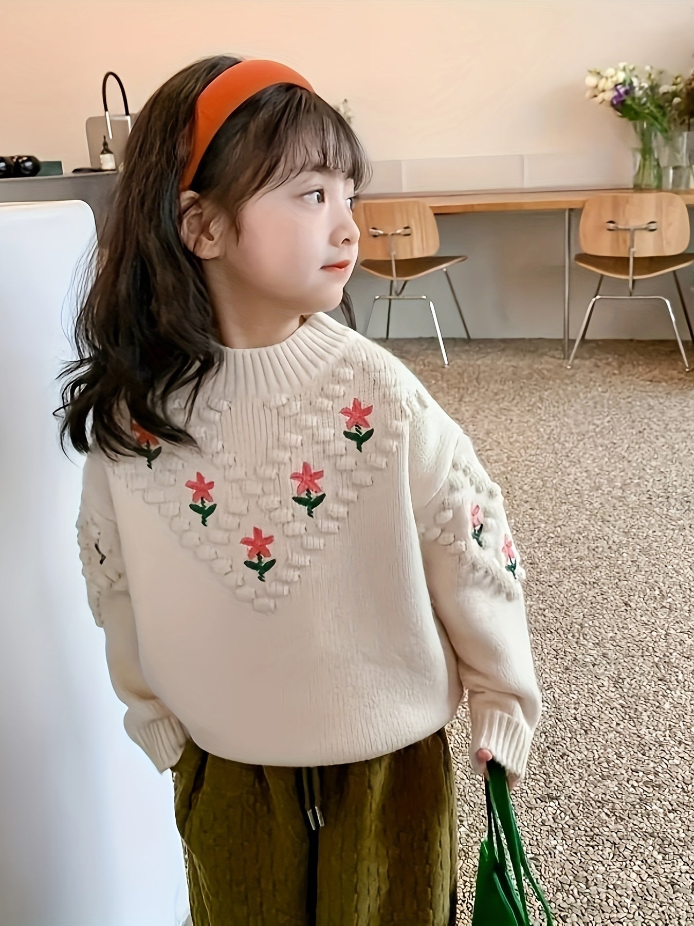 Thick Sweet Flowers Pattern Knit Comfy Crew Neck Long Sleeve Sweater For Girls Winter/ Fall Clothing