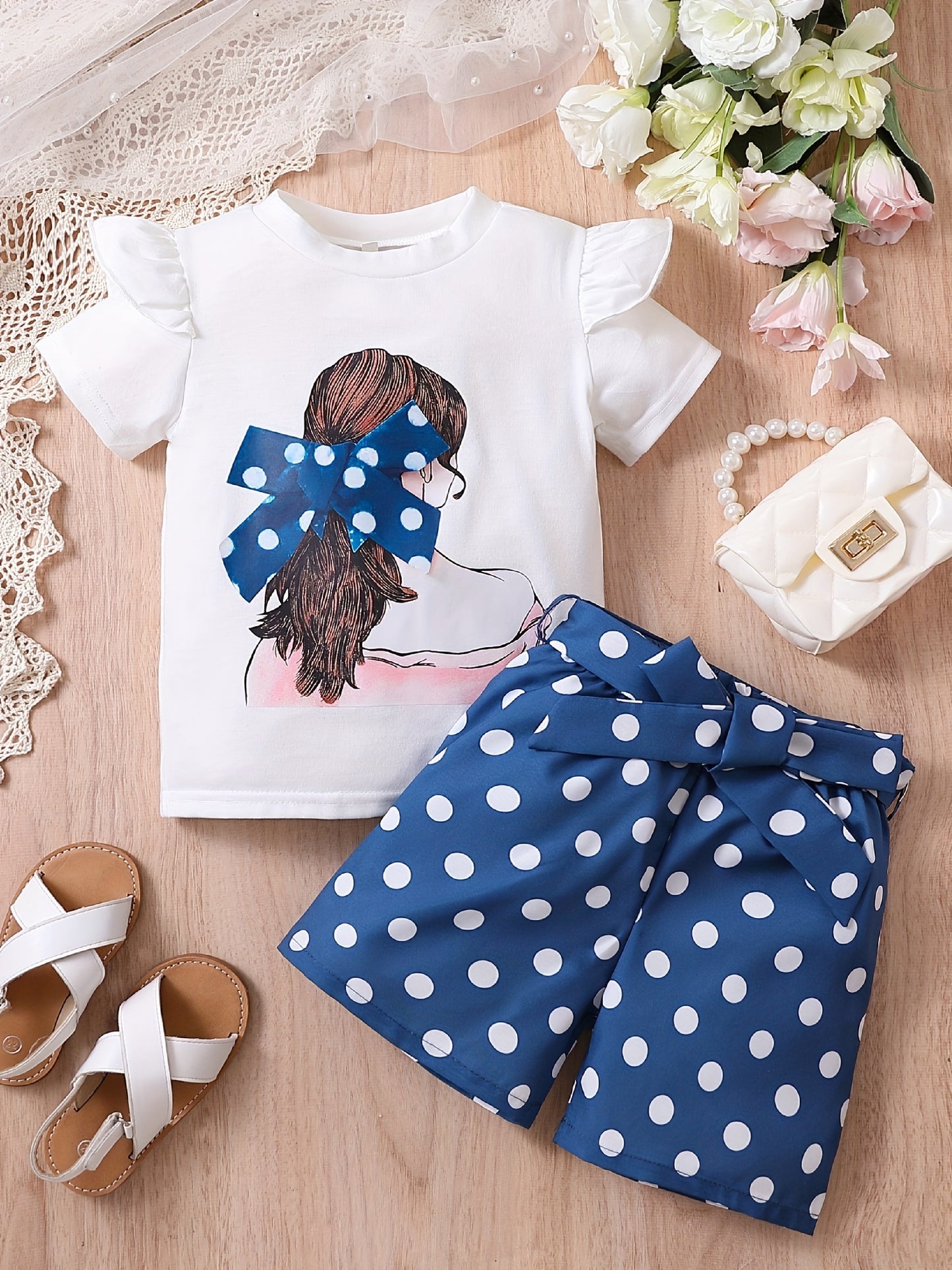 2pcs Toddler Girls’ Graphic T-Shirt & Shorts Set – Ruffle Trim, Polka Dot Belt & Bow Design