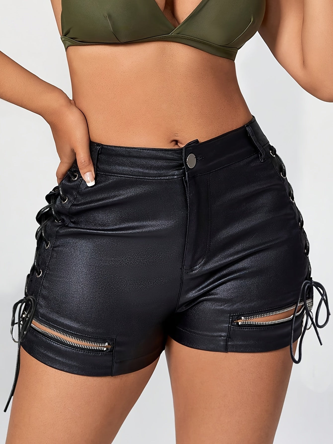 High-Elasticity PU Leather Strappy Slim Shorts - Stylish High-Waisted Zipper Cut-Out Design, Elegant Solid Color Woven Shorts for Summer - Hand Washable, No Dry Cleaning, No Printing