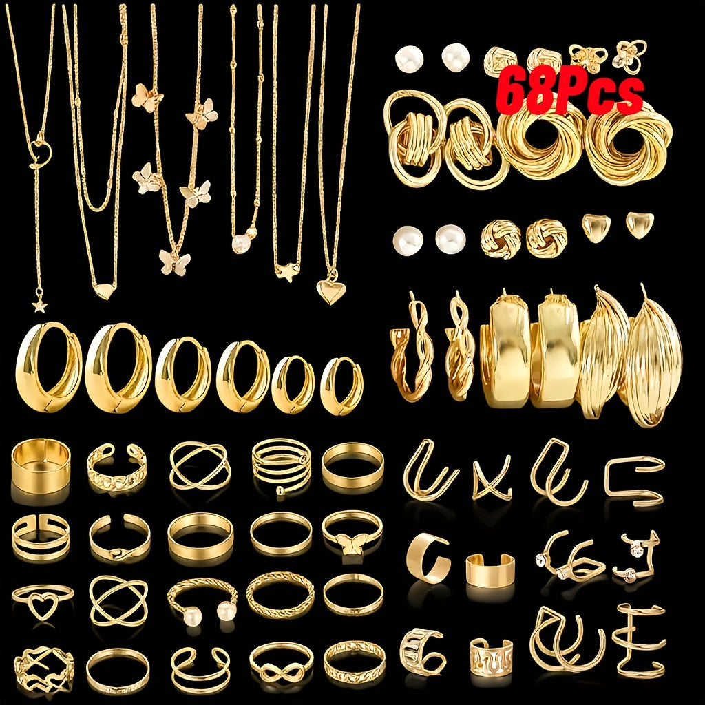 Jewelry Set Including 35/54/58/68pcs Featuring Easy Retro Designs Like Butterflies, Hearts, Faux Pearls, Twisted Knots, Stars, Moons, Wide Rings, Snake Chains, Braided Chains, And Geometric C-Shaped Earrings, Necklaces, Rings