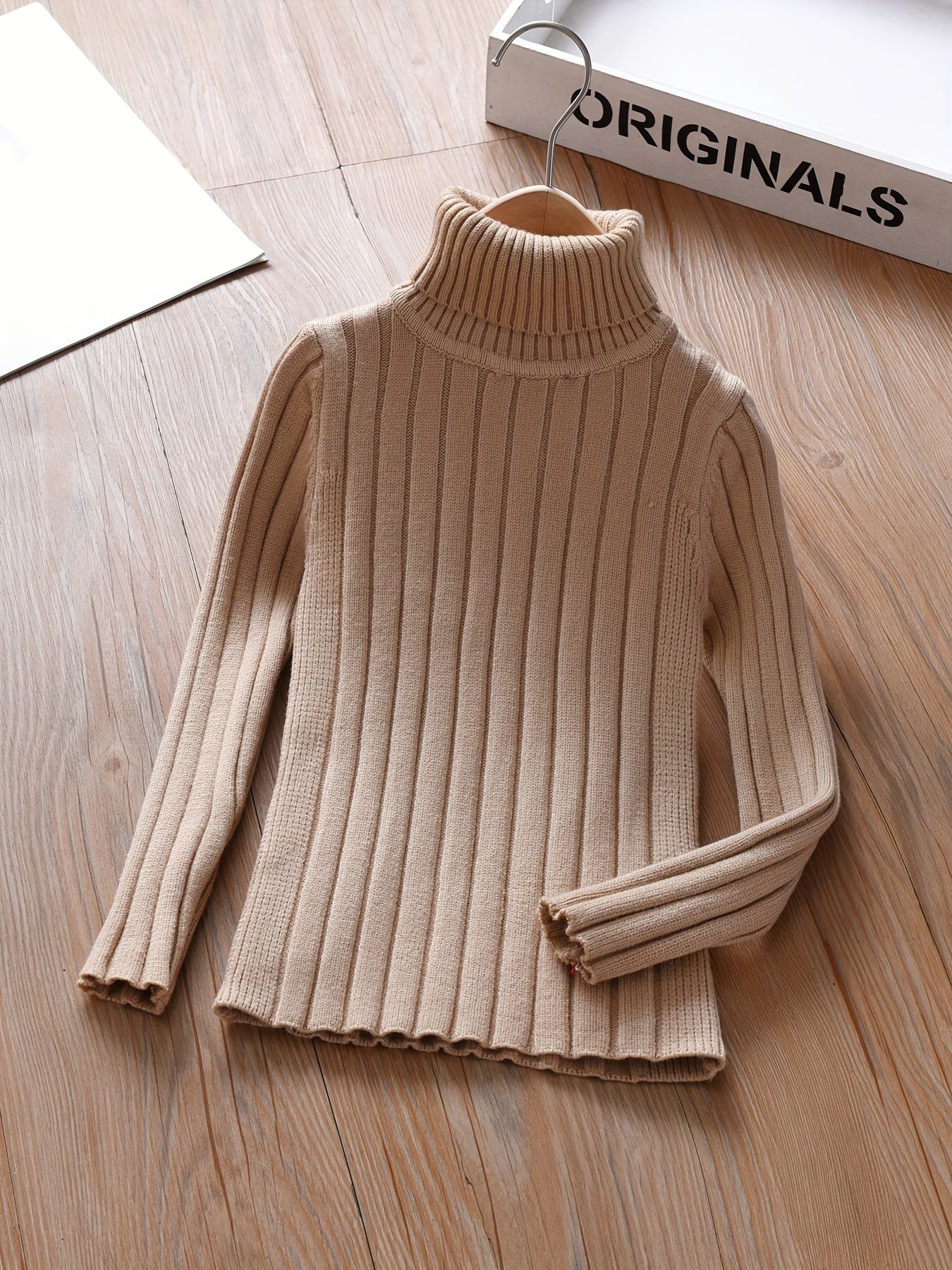 Long Sleeve Girls Elegant Turtleneck Knit Sweater for Spring Autumn with Vertical Striped Pattern