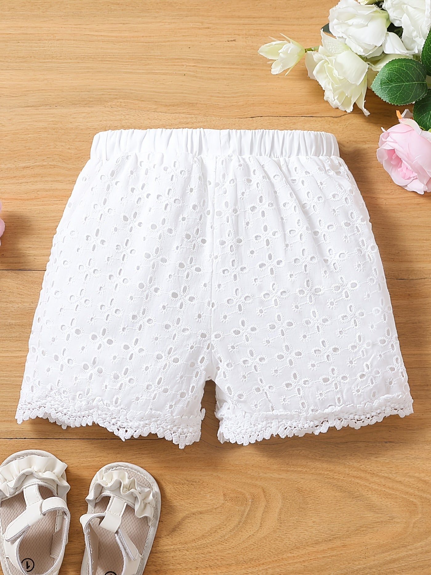 Cute Toddler Girls' Lace Shorts - Elastic Waist, Solid Color, Casual Wear for Summer, Comfortable, Breathable, Soft Fabric