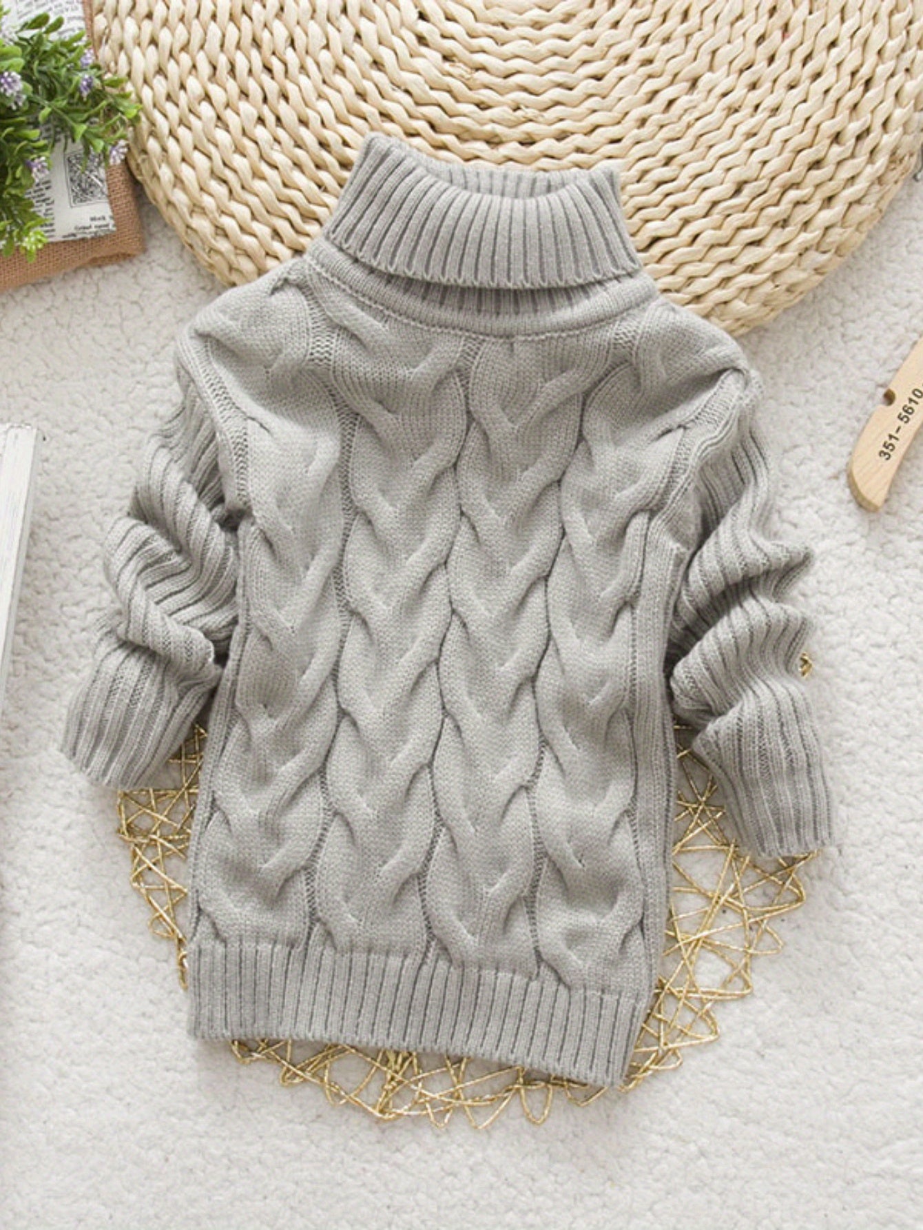 Kids’ High Neck Knit Sweater – Solid Color Torsade Pattern Long Sleeve Pullover