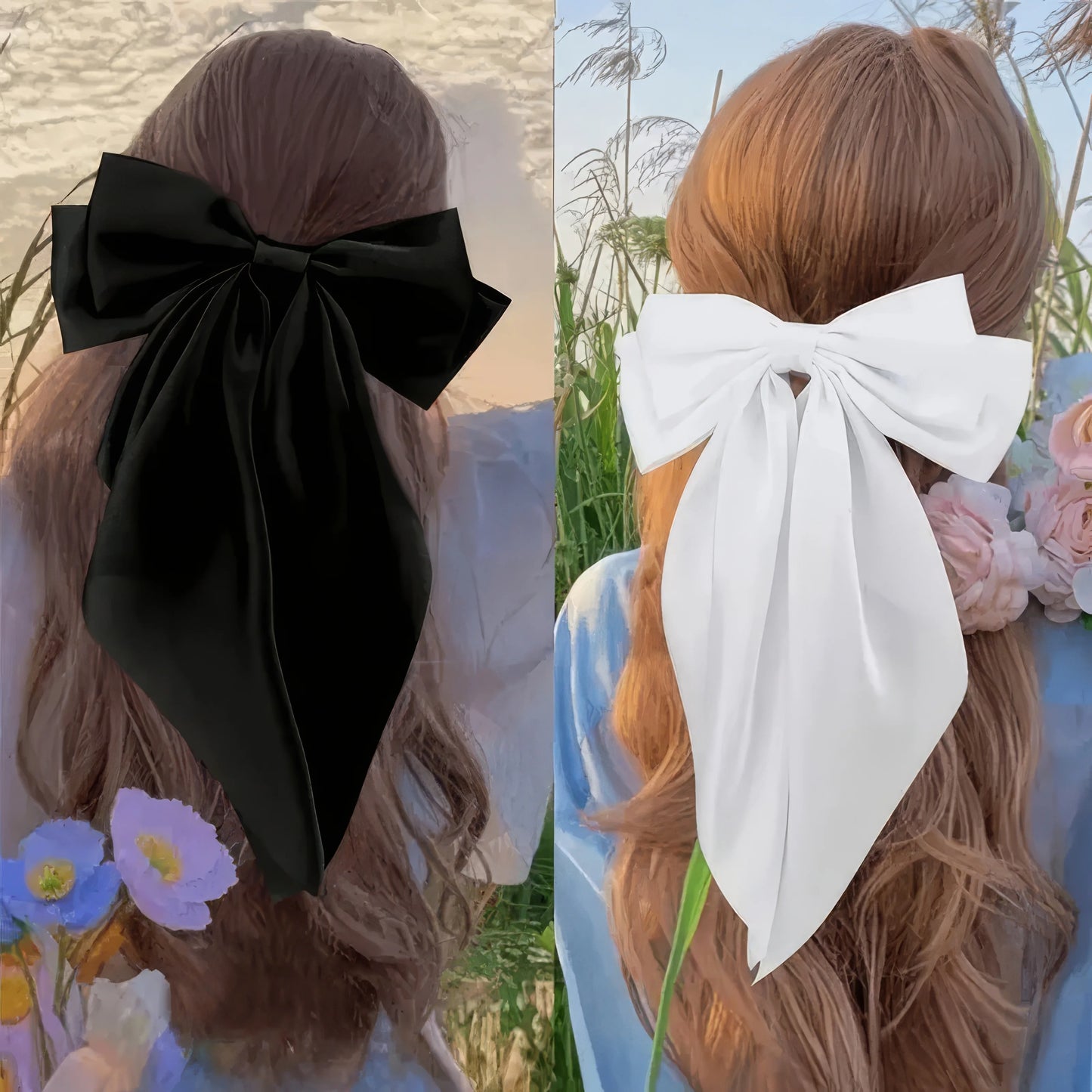 2 solid color ribbon bow hair clips in black and white, Korean style large bow hair clips, suitable for thick/curly/wavy hair — view 6 of product