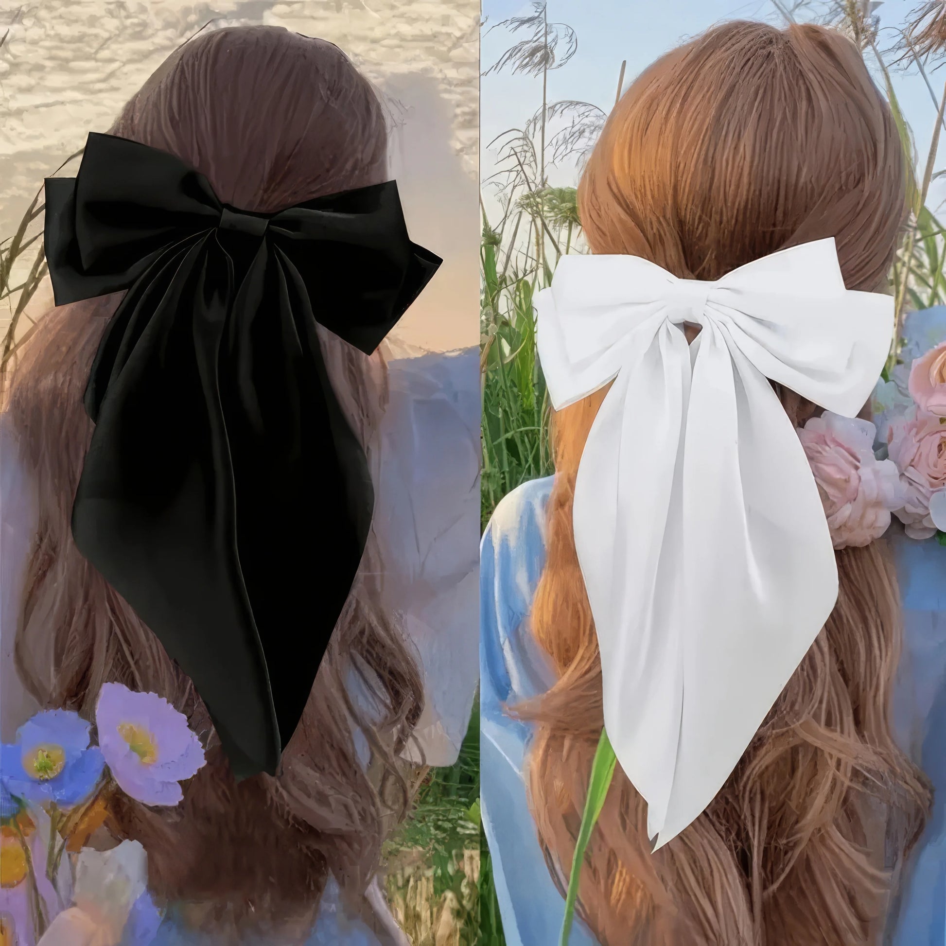 2 solid color ribbon bow hair clips in black and white, Korean style large bow hair clips, suitable for thick/curly/wavy hair — view 6 of product