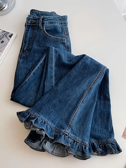 Ruffle-Hem Flared Jeans — High-Waist All-Season Romantic Denim — front view