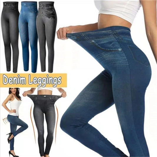 2024 Sexy Astic Imitation Jeans Leggings Women Stretch High Waist Pants Fitness Slim