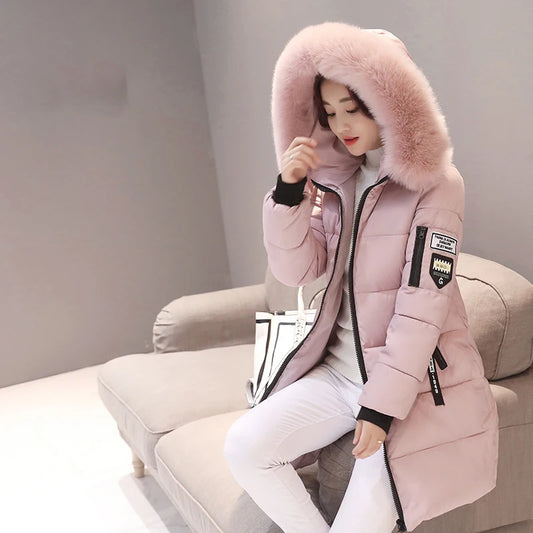 2024 Winter Women Parka Coats Long Cotton Casual Fur Hooded