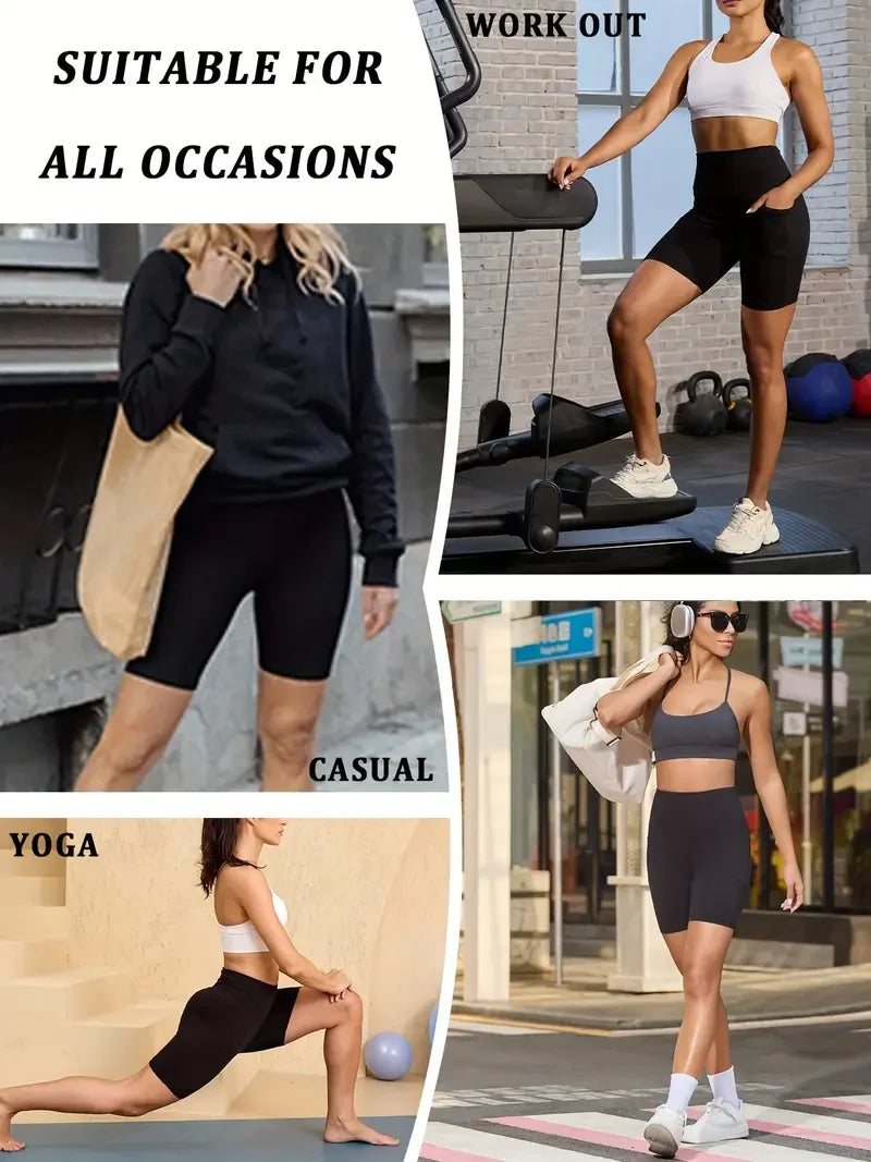 Women&rsquo;s High-Waisted Biker Shorts &mdash; Tummy-Control Black Yoga Leggings Shorts with Pockets — view 3 of shorts