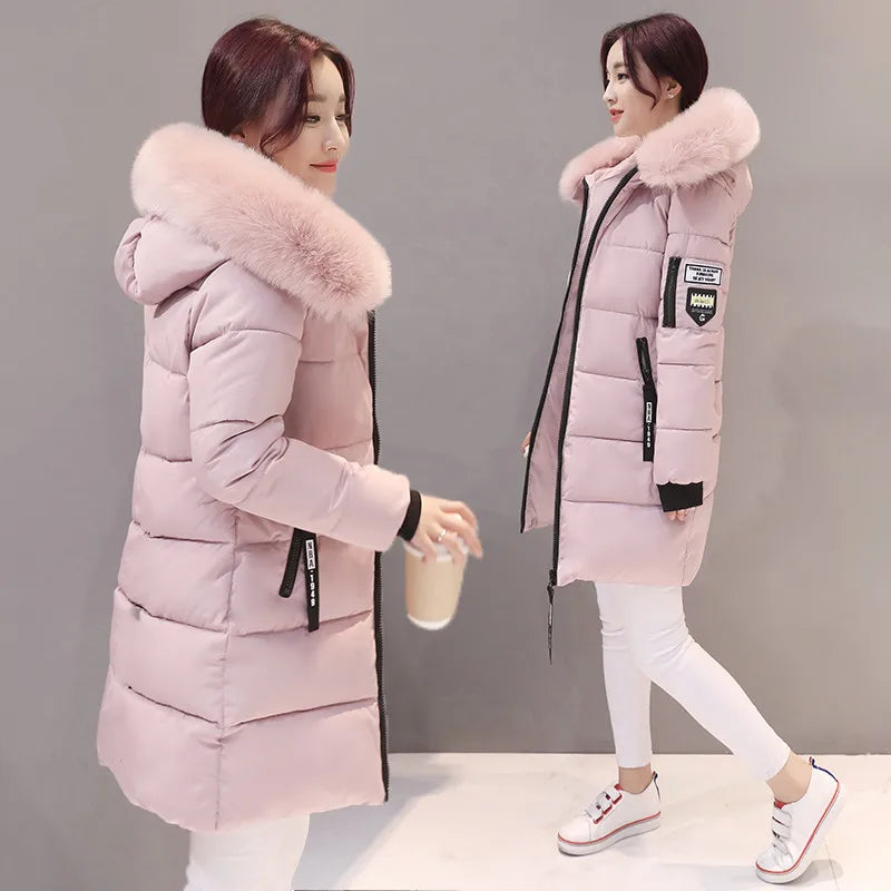 2024 Winter Women Parka Coats Long Cotton Casual Fur Hooded