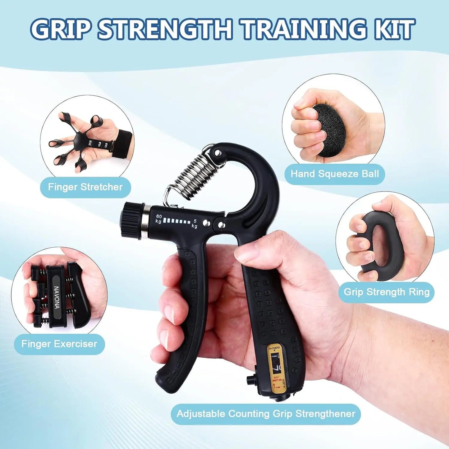 Grip Trainer Kit – Adjustable Hand Gripper Set with Finger Exercisers, Stress Ball & Forearm Ring