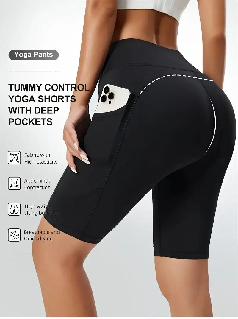Women&rsquo;s High-Waisted Biker Shorts &mdash; Tummy-Control Black Yoga Leggings Shorts with Pockets — view 4 of shorts