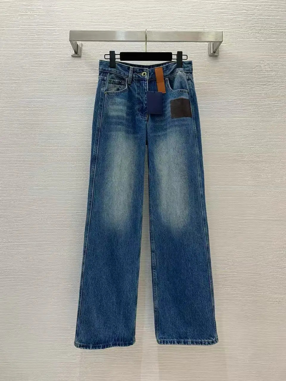 Designer-Inspired Wide-Leg Jeans — High-Waist Vintage Denim with Floral Leather Patch — front view