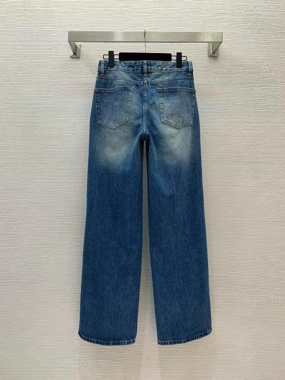 Designer-Inspired Wide-Leg Jeans — High-Waist Vintage Denim with Floral Leather Patch — detail view