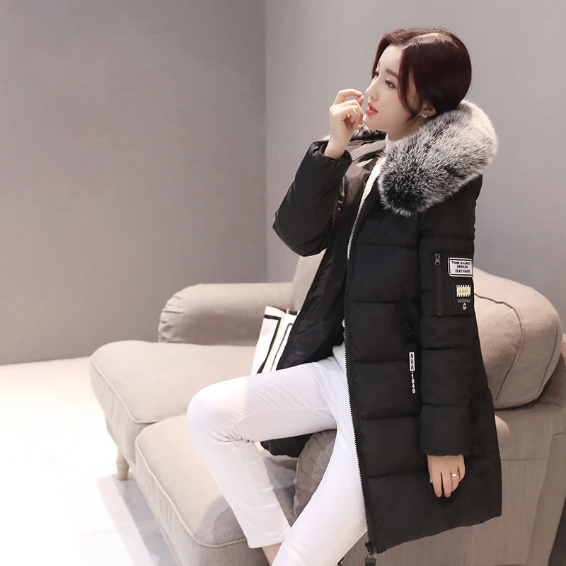 2024 Winter Women Parka Coats Long Cotton Casual Fur Hooded