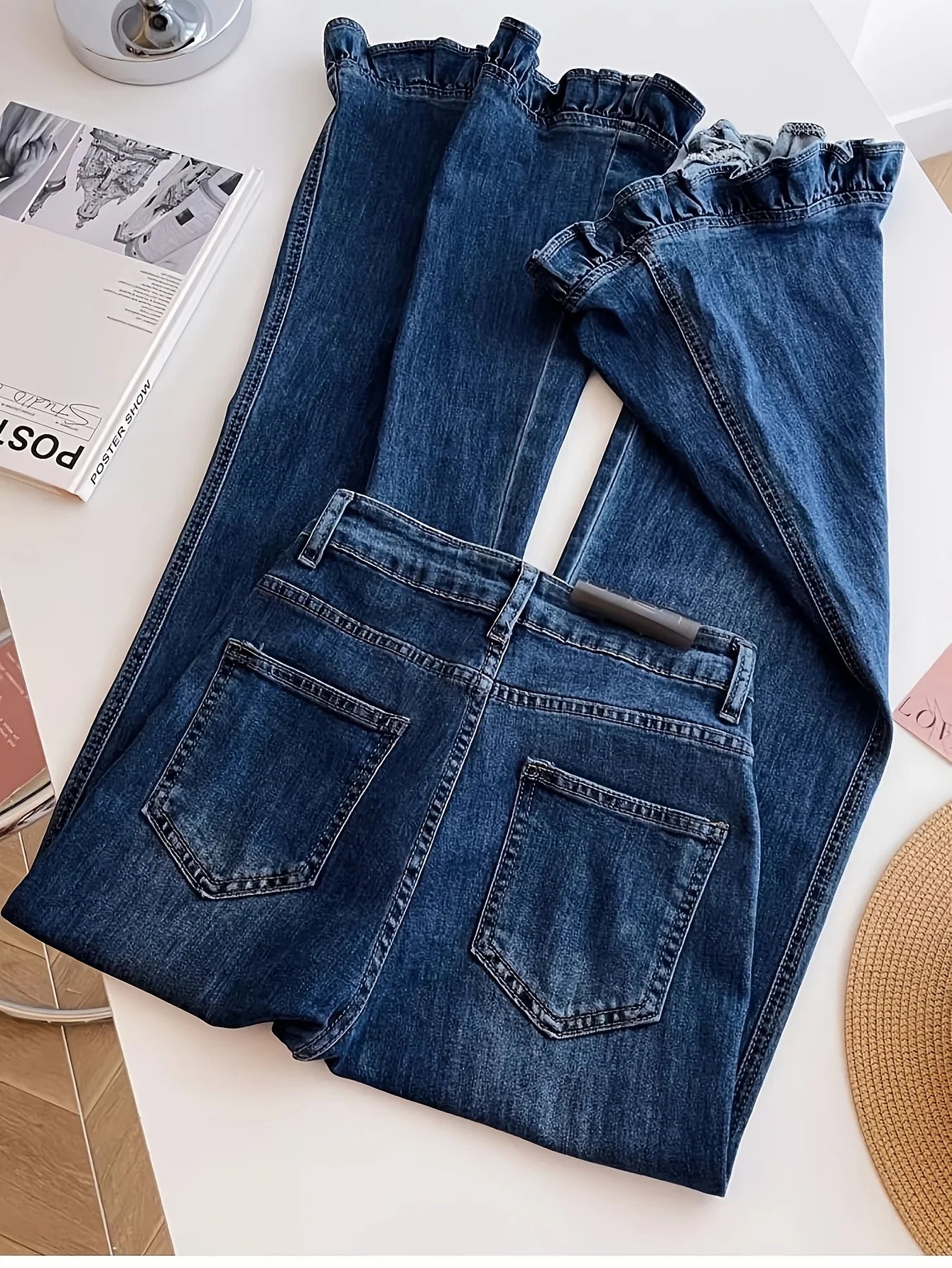 Ruffle-Hem Flared Jeans — High-Waist All-Season Romantic Denim — back view