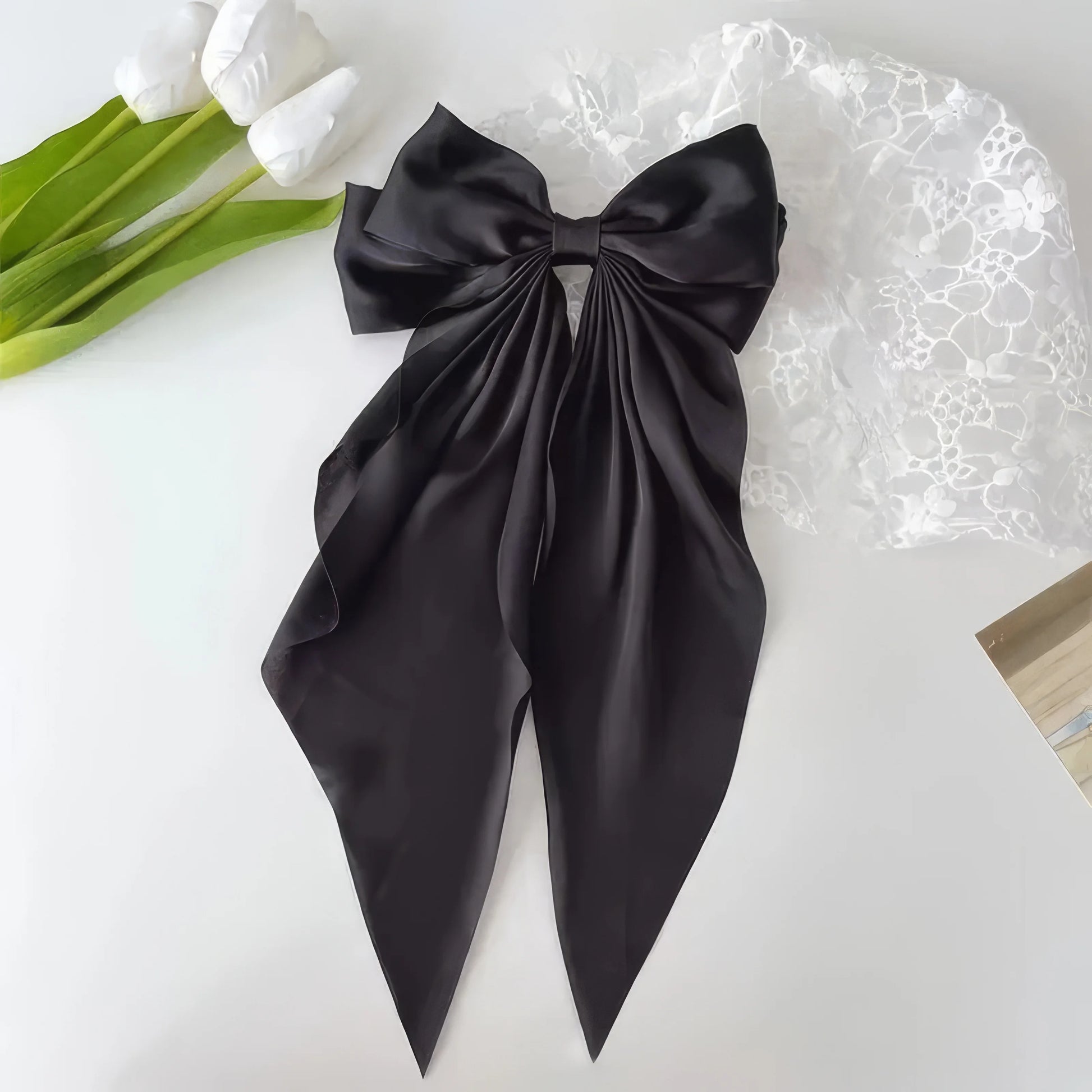 2 solid color ribbon bow hair clips in black and white, Korean style large bow hair clips, suitable for thick/curly/wavy hair — view 4 of product
