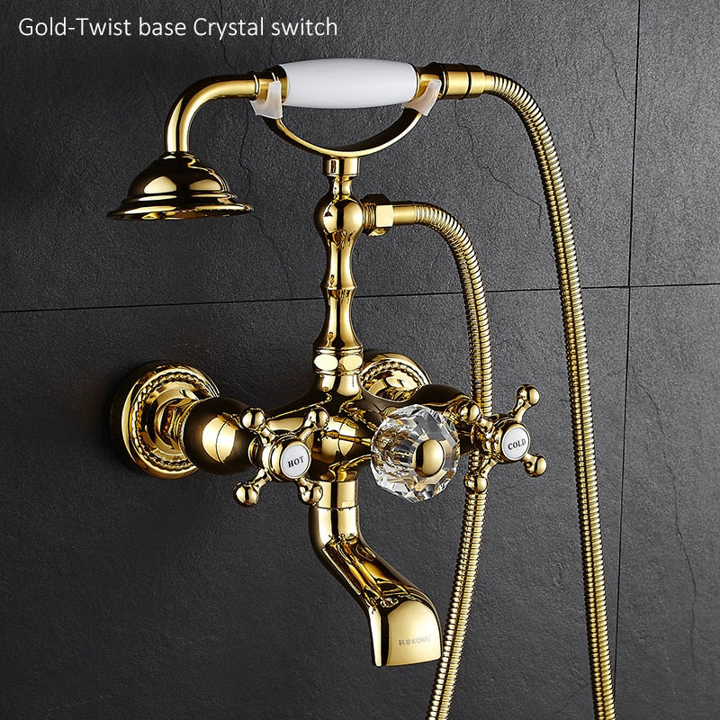 Luxury Crystal Handle Bathtub Gold Brass Faucet with Hand Shower Telephone Type Bath.