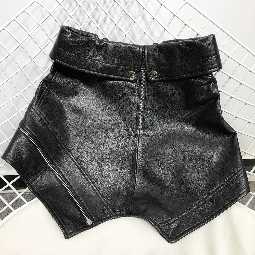 YOLOAgain A-Line Real Leather Skirt Women Black Asymmetrical Mini Skirt Ladies Streetwear