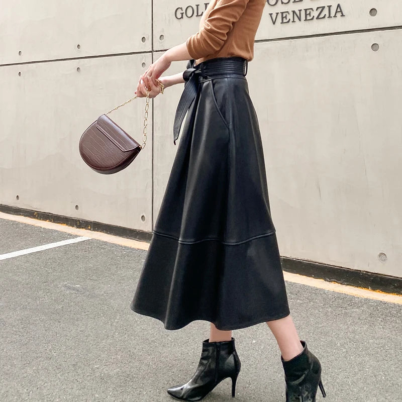 New Jupe Femme Genuine Leather Lange Rokken Women Sheepskin Large Hem High Waist Plus Size Long Skirt Black/Dark Red Flada Mujer