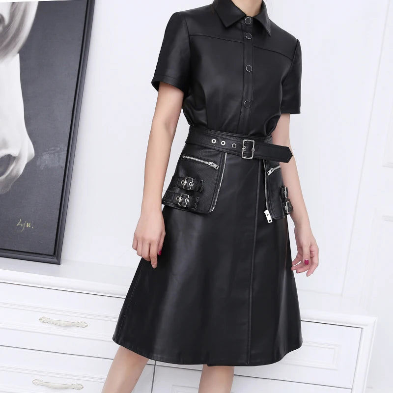 Punk Rock Skirt Women 2022 Winter Women's 100% Lambskin Leather Heavy Metal Fitting Pockets Jupe Y2k Clothes Mujer A-line Faldas