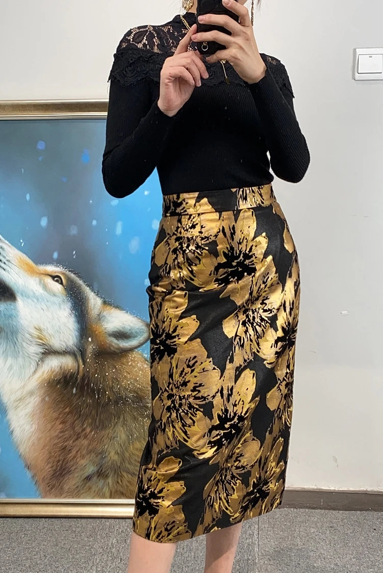 Genuine Leather Skirt Women 2024 Spring Chic Sheepskin High Waist Sexy Wrap Jupe Mujer Big Golden Flower Print Slit Midi Saia