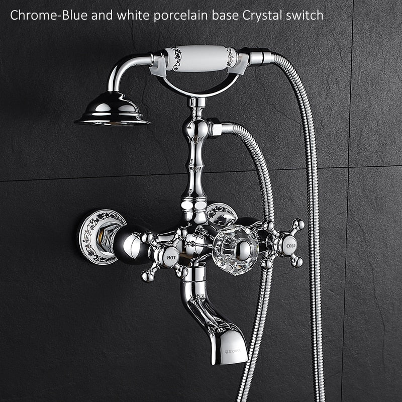 Luxury Crystal Handle Bathtub Gold Brass Faucet with Hand Shower Telephone Type Bath.