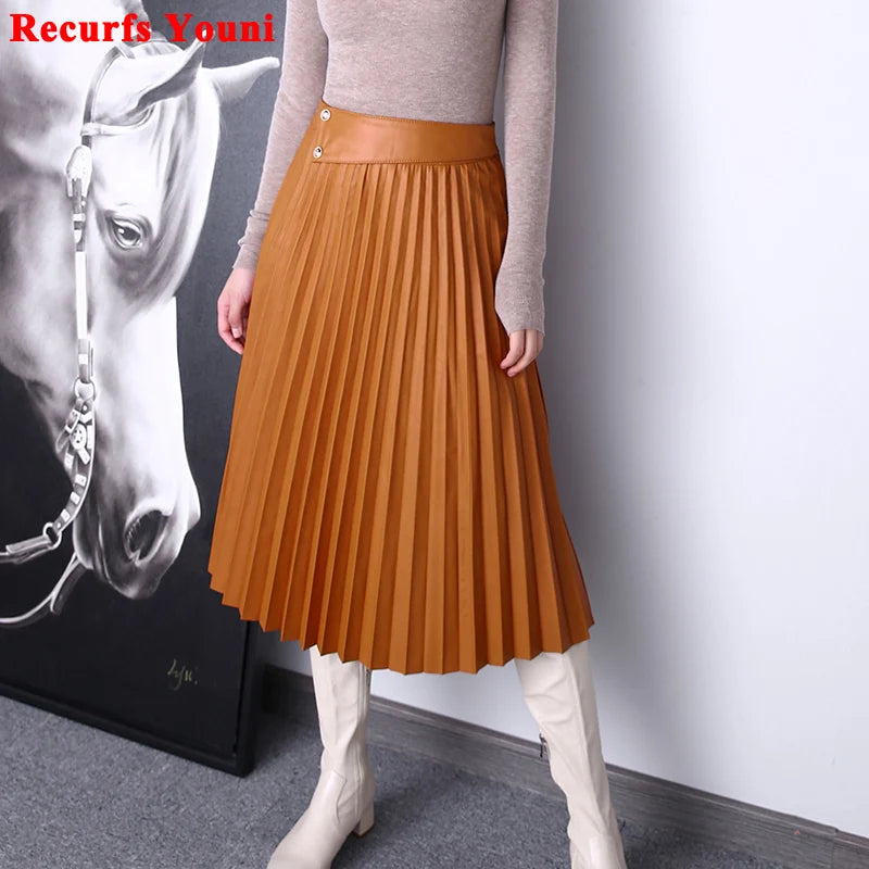 Women Leather Pleated Skirt Feminino Harajuku Lambskin Waistband Buttons Long Jupe Mujer Orange Brown Saias Longas Streetwear