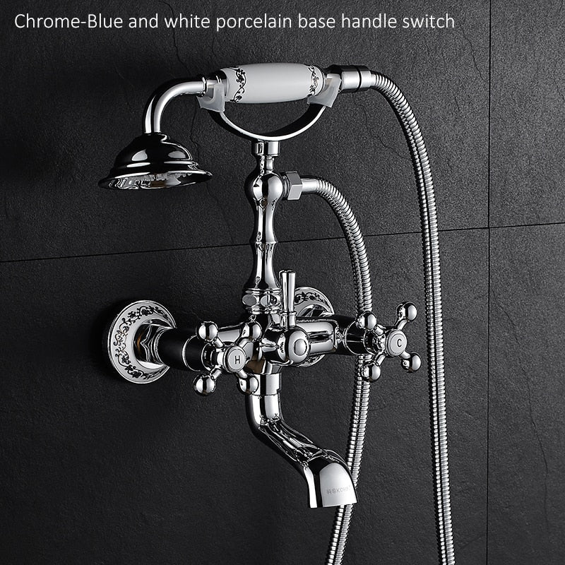 Luxury Crystal Handle Bathtub Gold Brass Faucet with Hand Shower Telephone Type Bath.