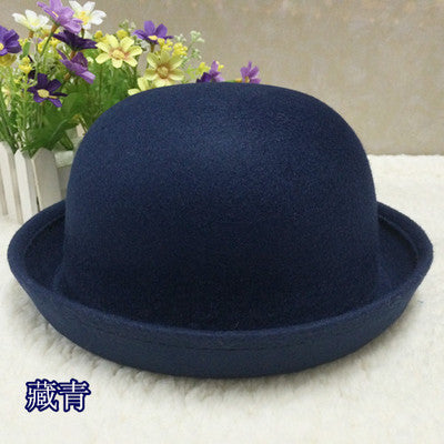 Flat-Top Fedora Hat – Pure Color Imitation Wool Wide-Brim Bowler Hat for Adults & Children