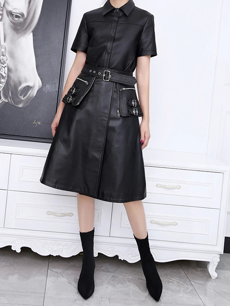 Punk Rock Skirt Women 2022 Winter Women's 100% Lambskin Leather Heavy Metal Fitting Pockets Jupe Y2k Clothes Mujer A-line Faldas