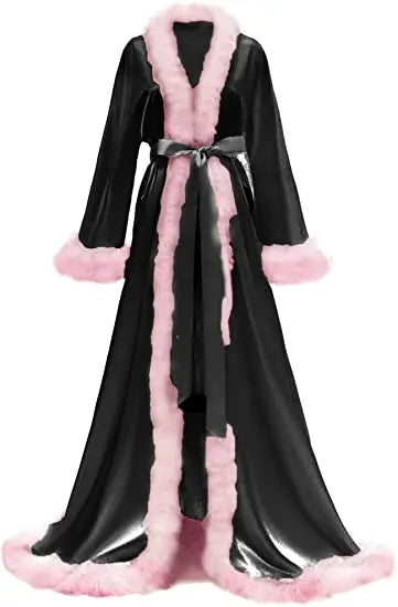 Women's Satin Robe Fur Nightgown Bathrobe Sleepwear Feather Bridal Robe with Belt