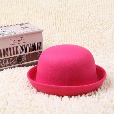 Flat-Top Fedora Hat – Pure Color Imitation Wool Wide-Brim Bowler Hat for Adults & Children