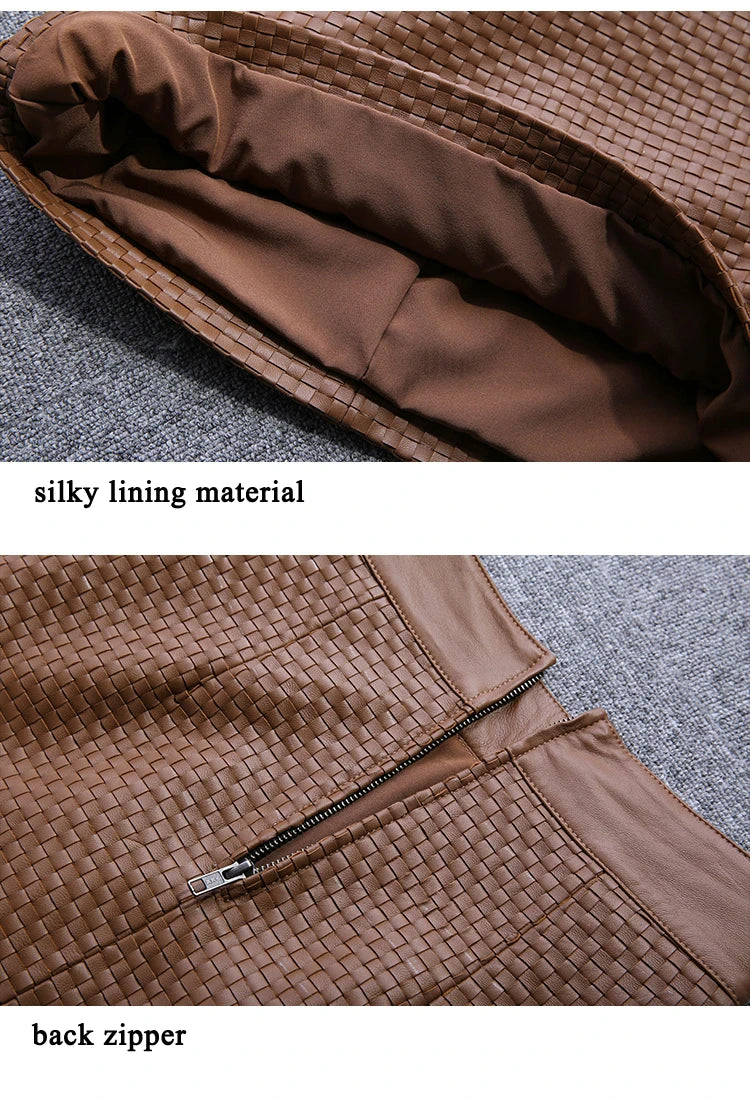 Luxury Leather Clothing for Women Stylish Knitted Skirt Female Hand Weaving Process Midi Long Jupe Metal Chain Grey Slit Gonne