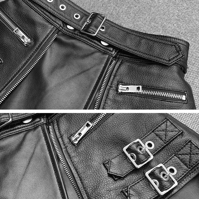 Punk Rock Skirt Women 2022 Winter Women's 100% Lambskin Leather Heavy Metal Fitting Pockets Jupe Y2k Clothes Mujer A-line Faldas