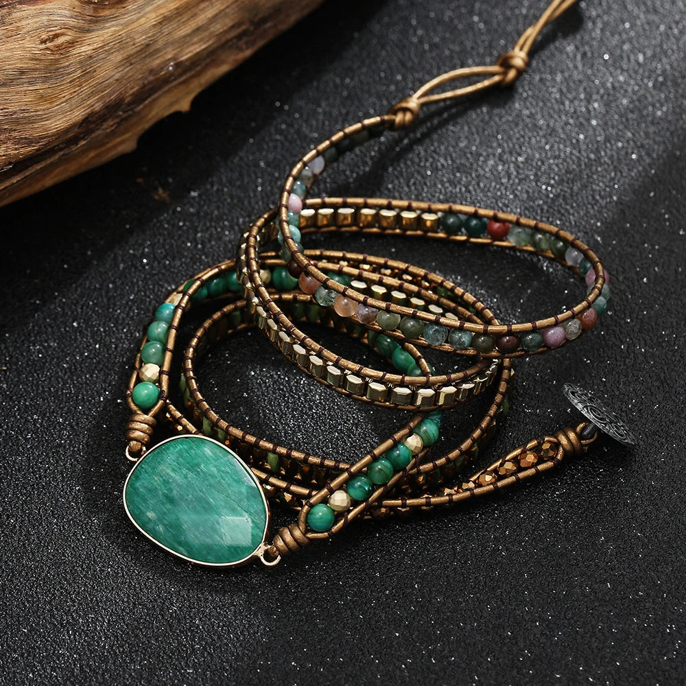 Crystal & Gemstone Vintage 5-Wrap Bracelet — Genuine Leather & Natural Green Stone Beads — view 5 of crystal & gemstone
