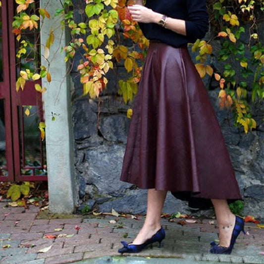 European Fashion Beautiful Women Imported Super Soft Sheepskin Genuine Leather Long Skirt Female A-line Irregular Wine Red Jupe