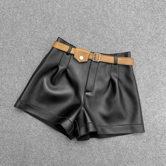 Genuine Leather Shorts Women 100% Real Sheepskin Ladies High Waist Short Pants Belt Shorts Trousers Female Plus Size Black Brown