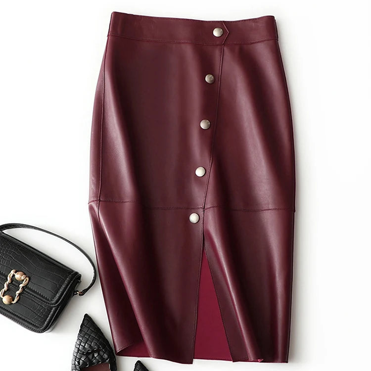 Elegant Intellectual Mujer Red Wine Lange Rok Met Split Women Sheepskin Leather Metal Four Buttons Wrap Hip High Waist Skirt