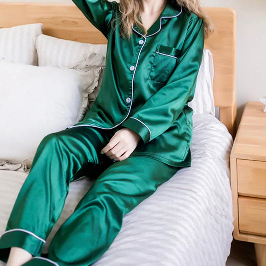 Women Silk Pyjama Set 2 Pieces Sleepwear Homewear Long Sleeve Pants Home Clothes Night Wear For Women