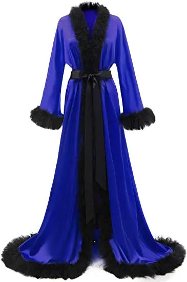 Women's Satin Robe Fur Nightgown Bathrobe Sleepwear Feather Bridal Robe with Belt