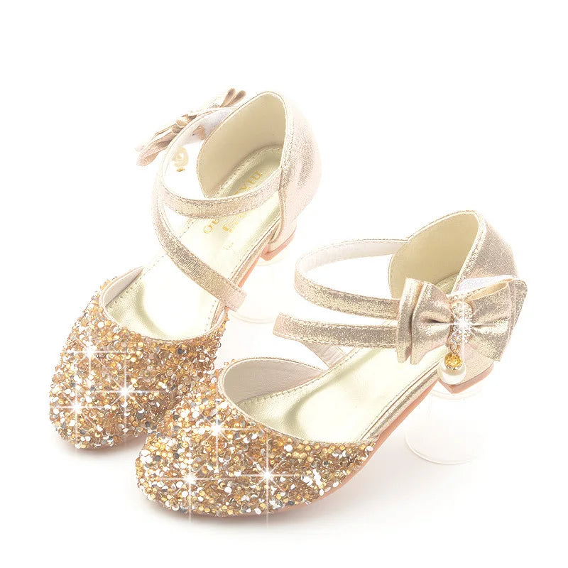 Glitter Little Girl Heels Bow Sandals 2019 Big Kids Shoe For Children Summer Leather Sandals 3 4 5 6 7 8 9 10 11 12 13 Year Old