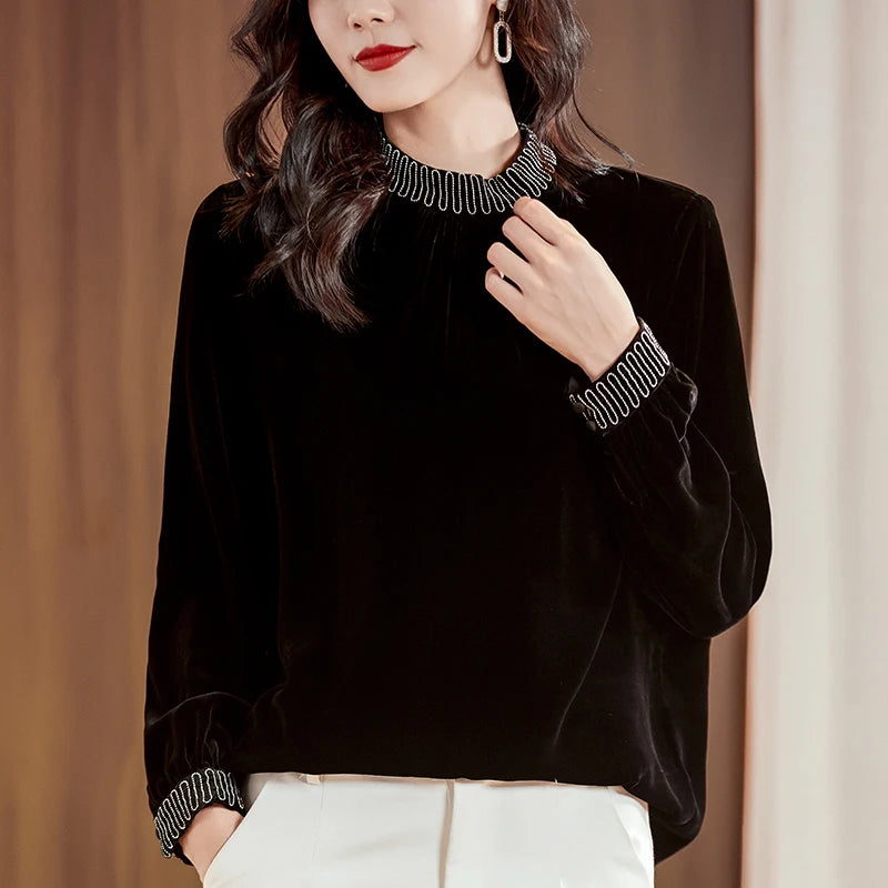 Vintage Real Silk Velvet Women Black Shirt Elegant Fashion Stand Collar Long Sleeve Blouses Loose Lady Blouse Autumn Winter