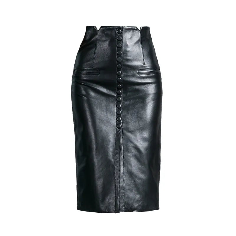 Office Ladies Genuine Leather Pencil Skirt Knee Length High Waist Sexy Split Wrap Skirts Women Slim Fit Elegant Sheepskin Skirt