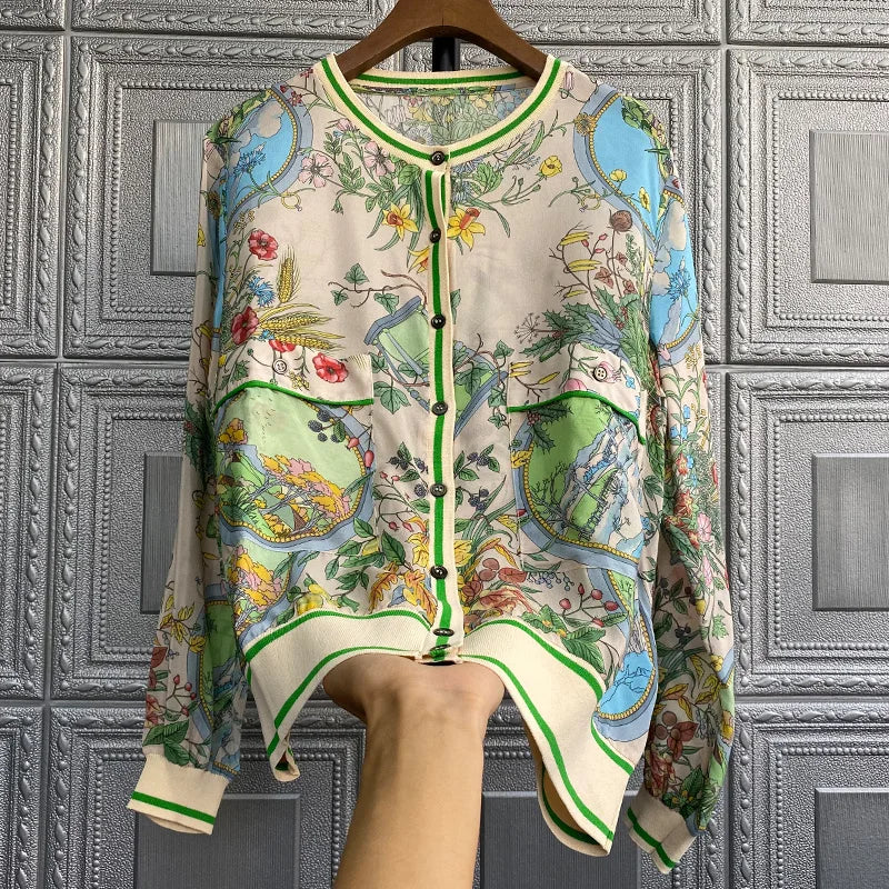 Silk Shirt Women Tops Long-sleeved Spring 2021 Summer  New  Loose Cardigan Shirt Printing   Silk Blouse Top