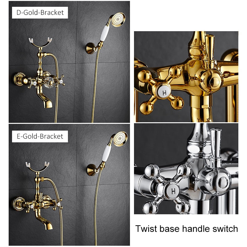 Luxury Crystal Handle Bathtub Gold Brass Faucet with Hand Shower Telephone Type Bath.